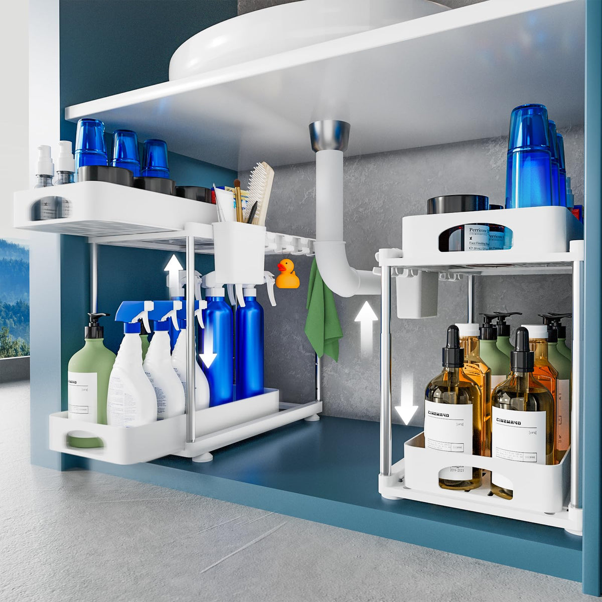 VERIFOST dual pull-out under-sink organizer with smooth glide for easy access and storage.