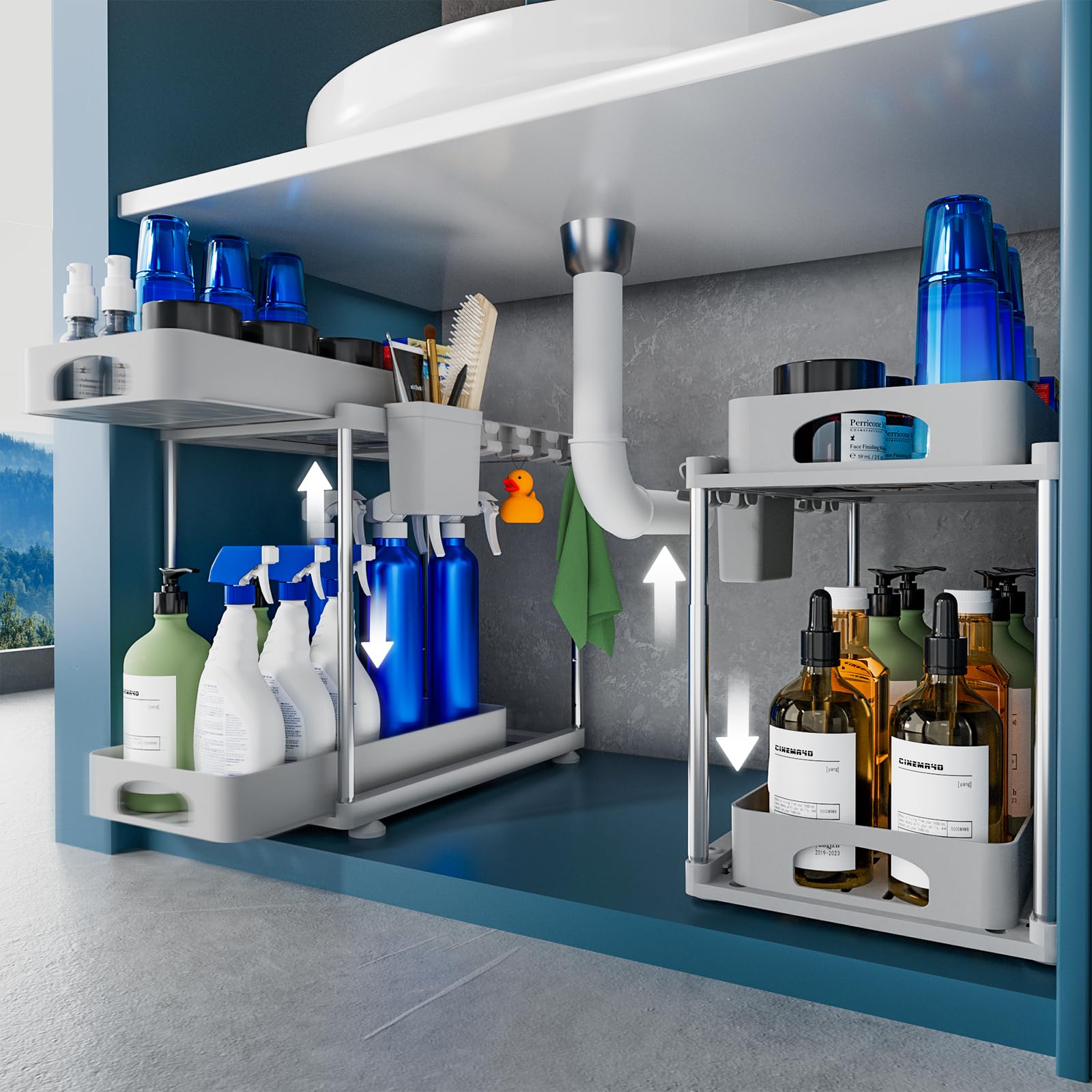 VERIFOST under-sink organizer in gray, front view showing organized cabinet space.