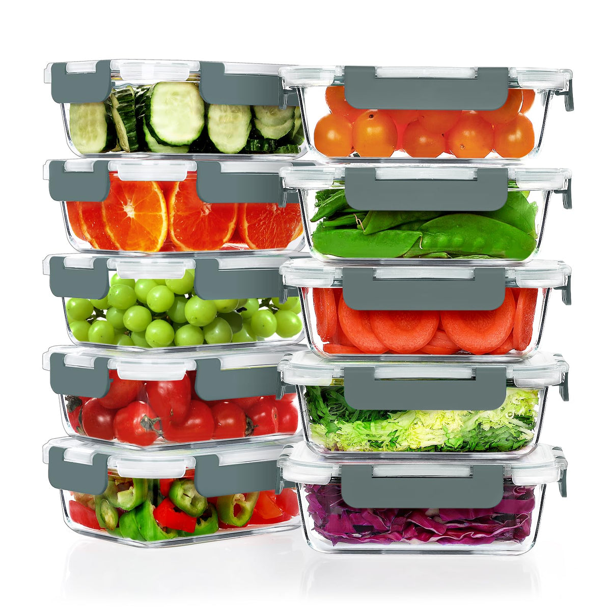 VERONES 10-pack 22oz glass lunch containers for meal prep and on-the-go meals.