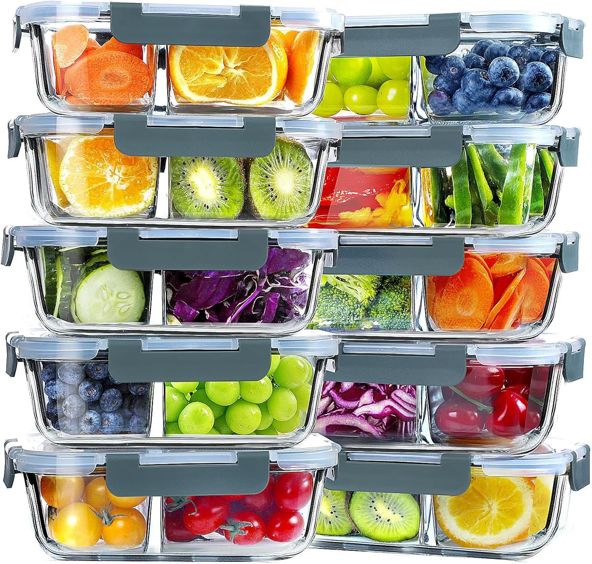 VERONES 10-pack glass meal prep containers with two compartments for portion control.