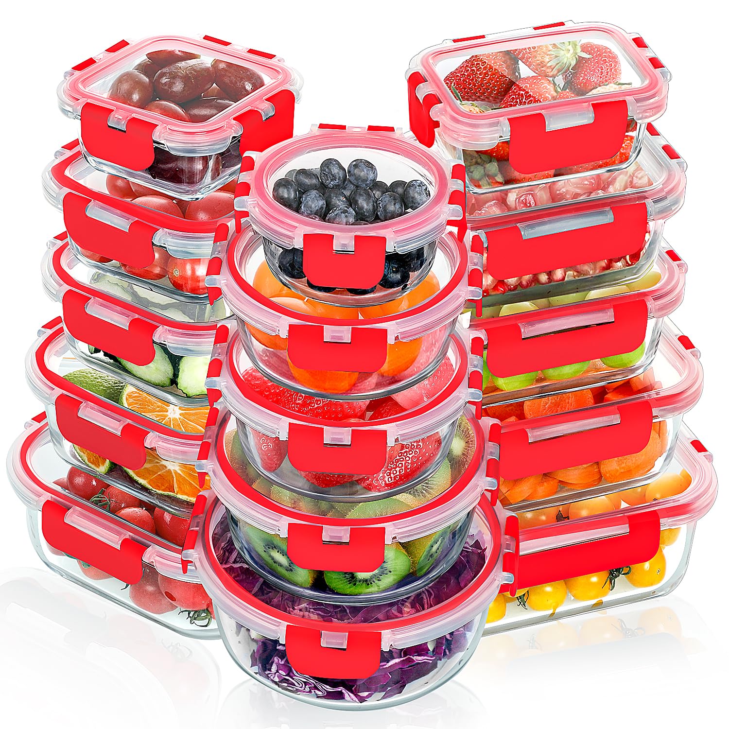 VERONES 30-piece glass meal prep set with clear glass containers and locking lids for organized lunches.