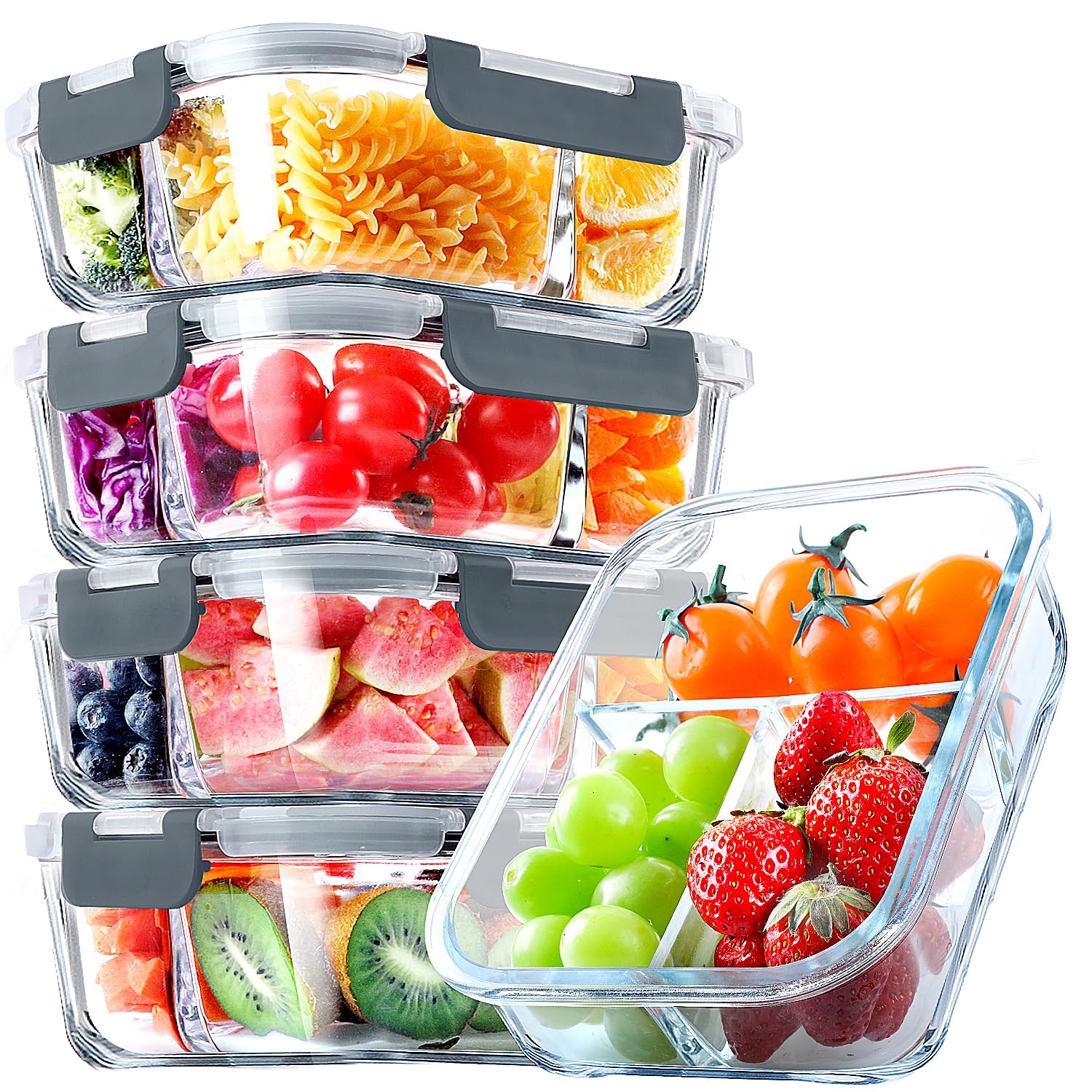 VERONES 5-pack glass containers with three compartments for portioned meals.