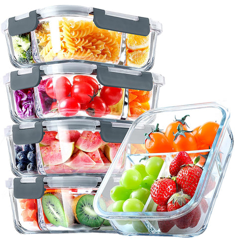 VERONES 5-pack glass containers with three compartments for portioned meals.
