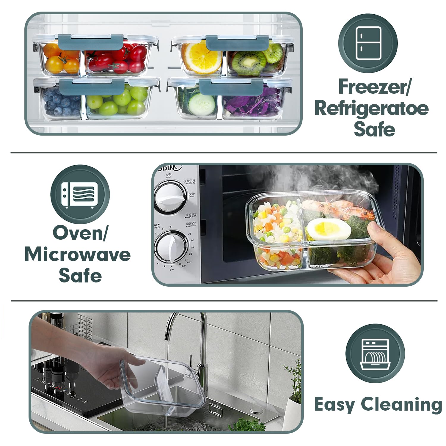 VERONES borosilicate glass containers are oven, microwave, freezer, and dishwasher safe.