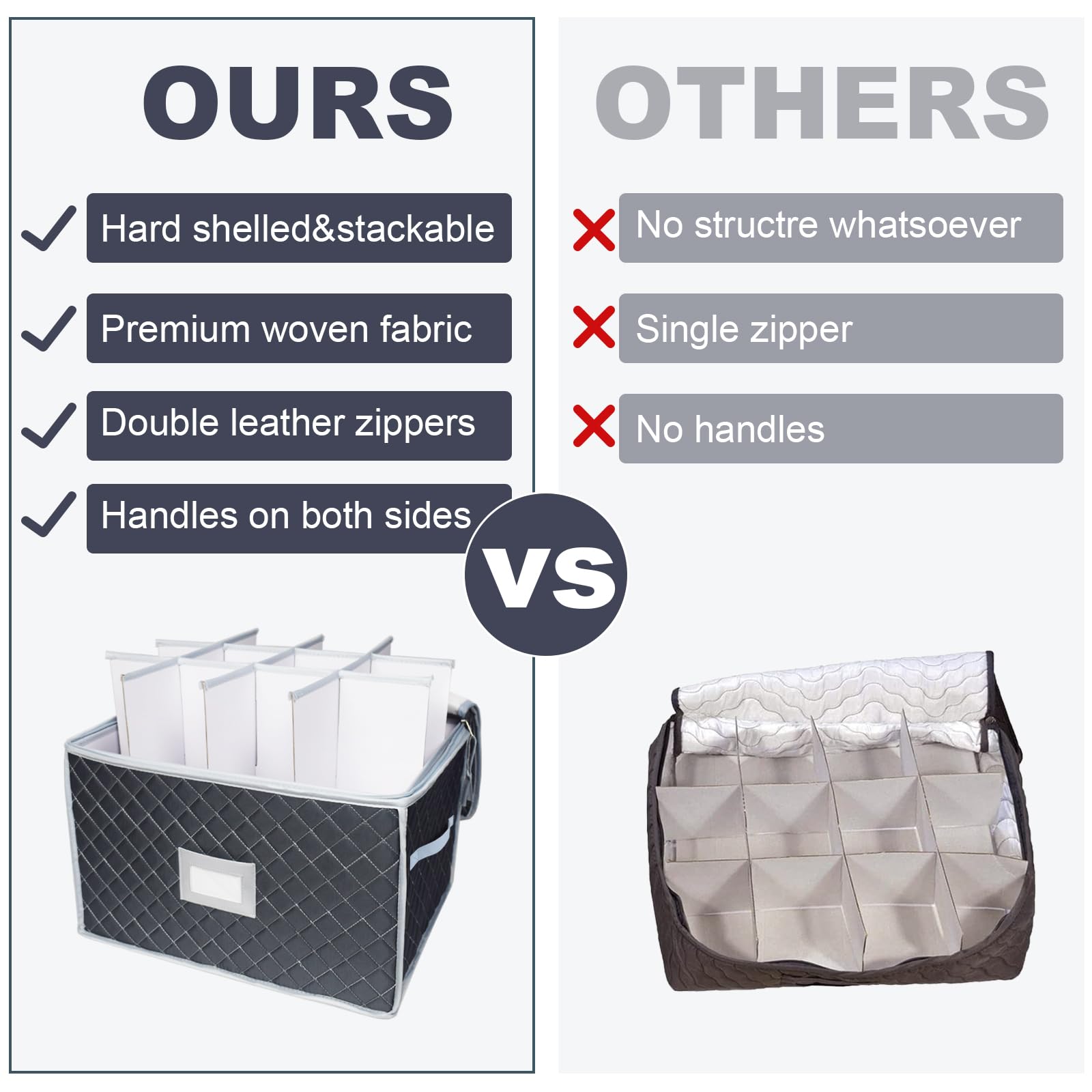 Stackable VERONLY box with divider padding protects glassware during storage.