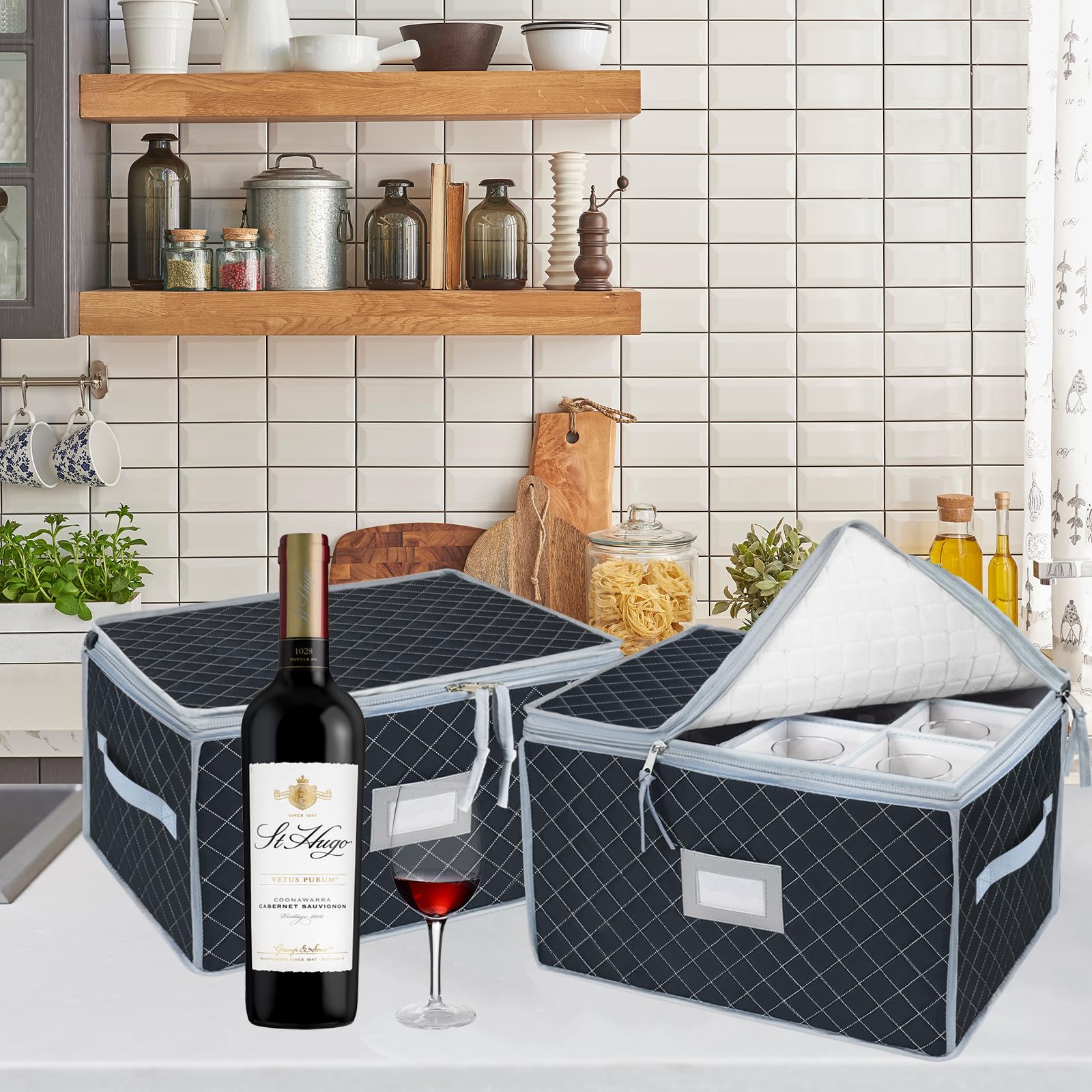 VERONLY stemware storage case with handles and label window for quick identification.