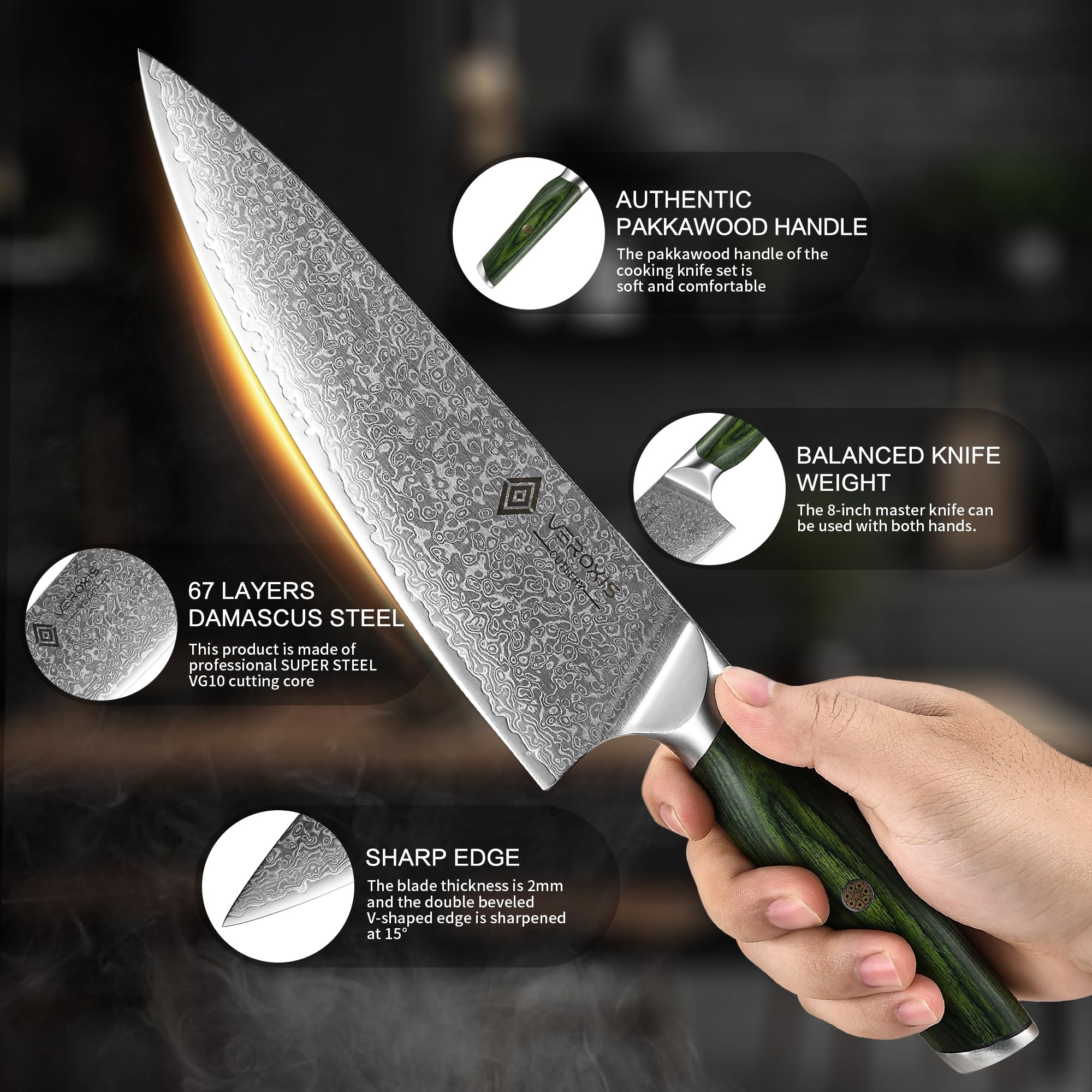 VEROXIS Damascus knife pakkawood handle for a comfortable, balanced grip