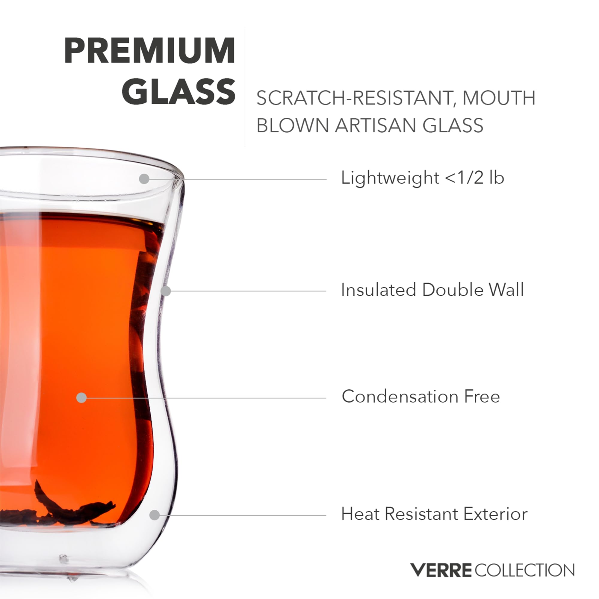 Verre Collection double-wall glass tea glasses show insulation and a cool-to-touch grip.