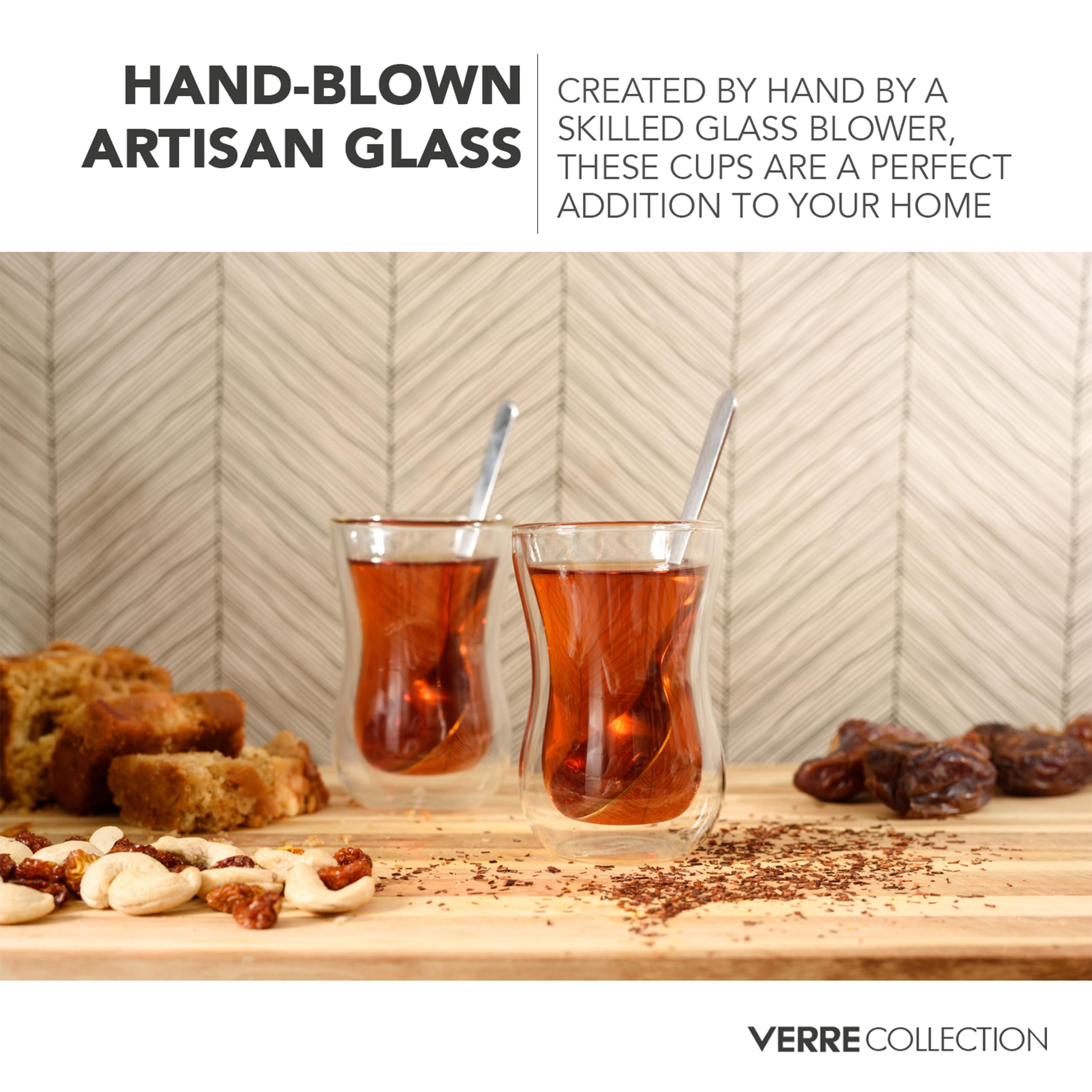 Verre Collection tea cups stacked for space-saving storage and organization.