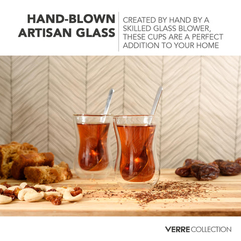 Verre Collection tea cups stacked for space-saving storage and organization.