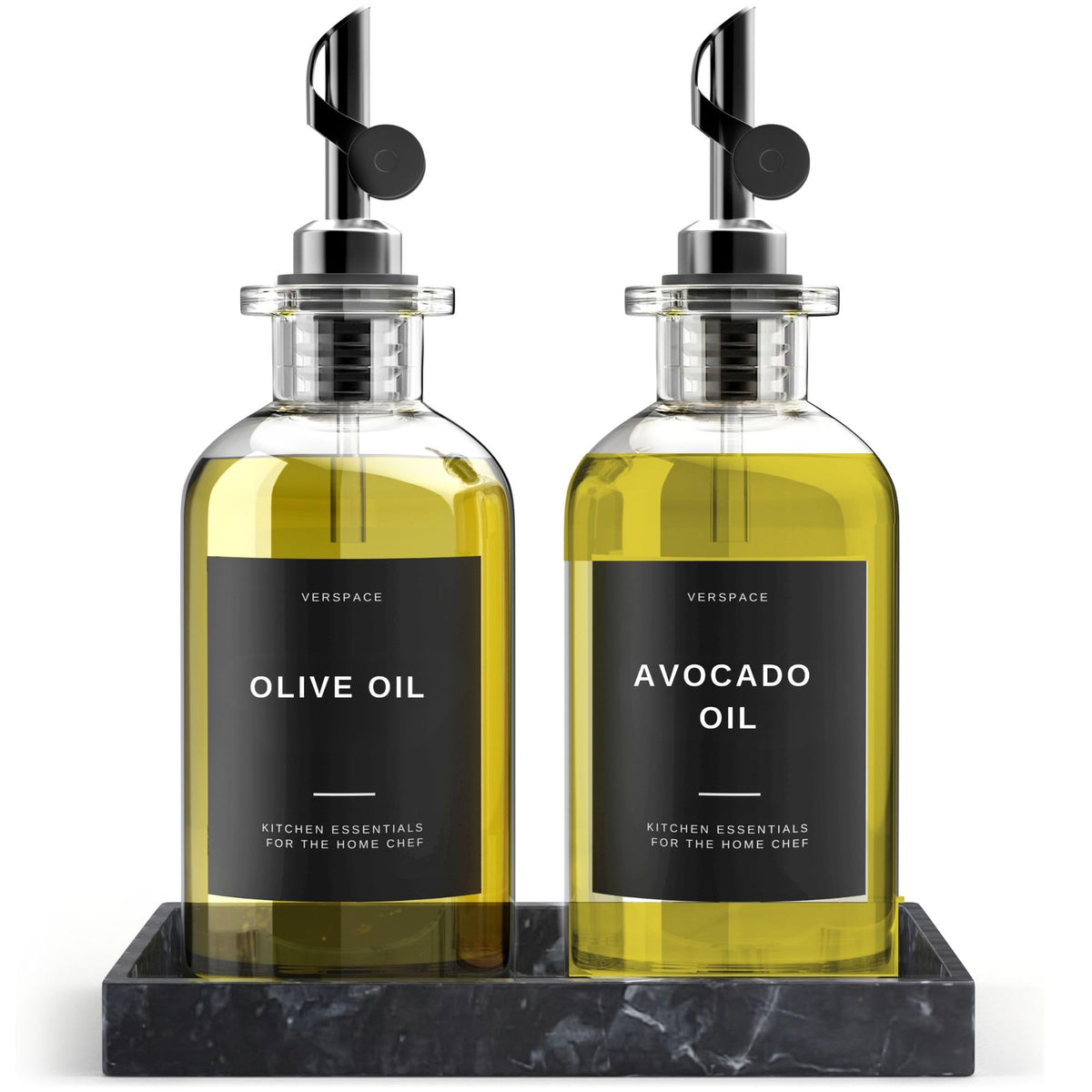 Verspace clear glass olive oil dispenser with precise pour spout for controlled pouring.