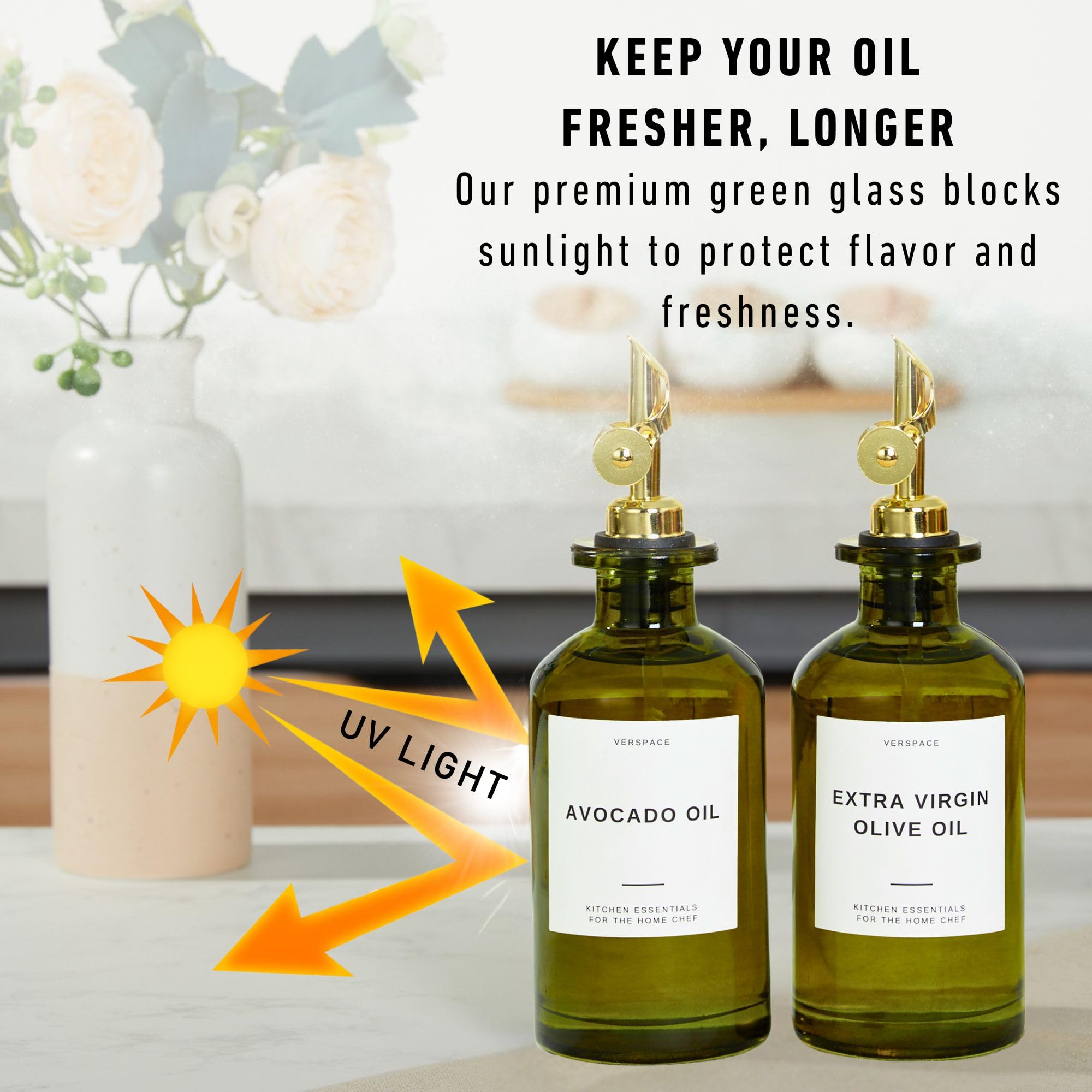 Verspace drip-free spout olive oil bottle for clean, mess-free pouring.
