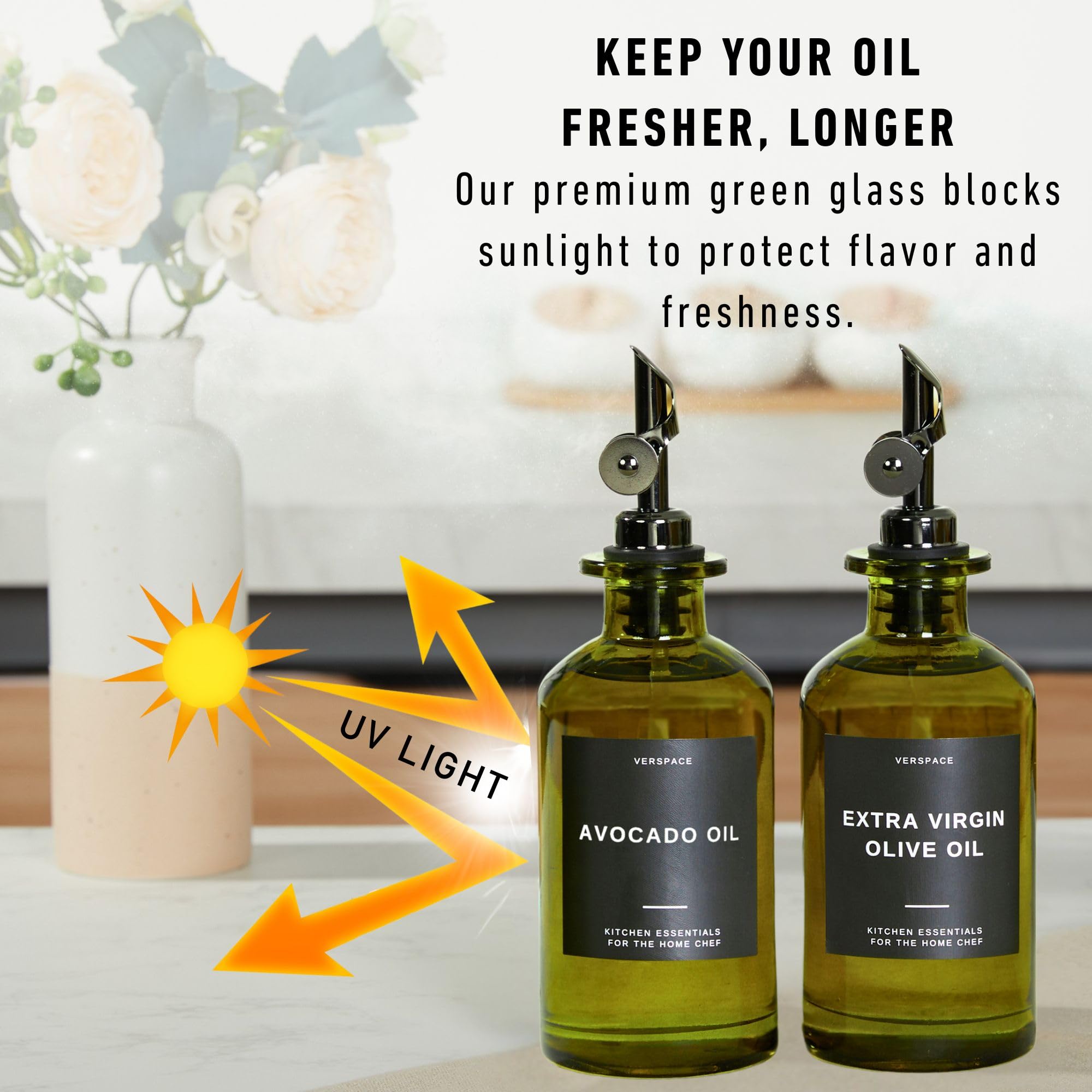 Verspace green glass olive oil bottle 500ml ideal for larger portions in kitchens.