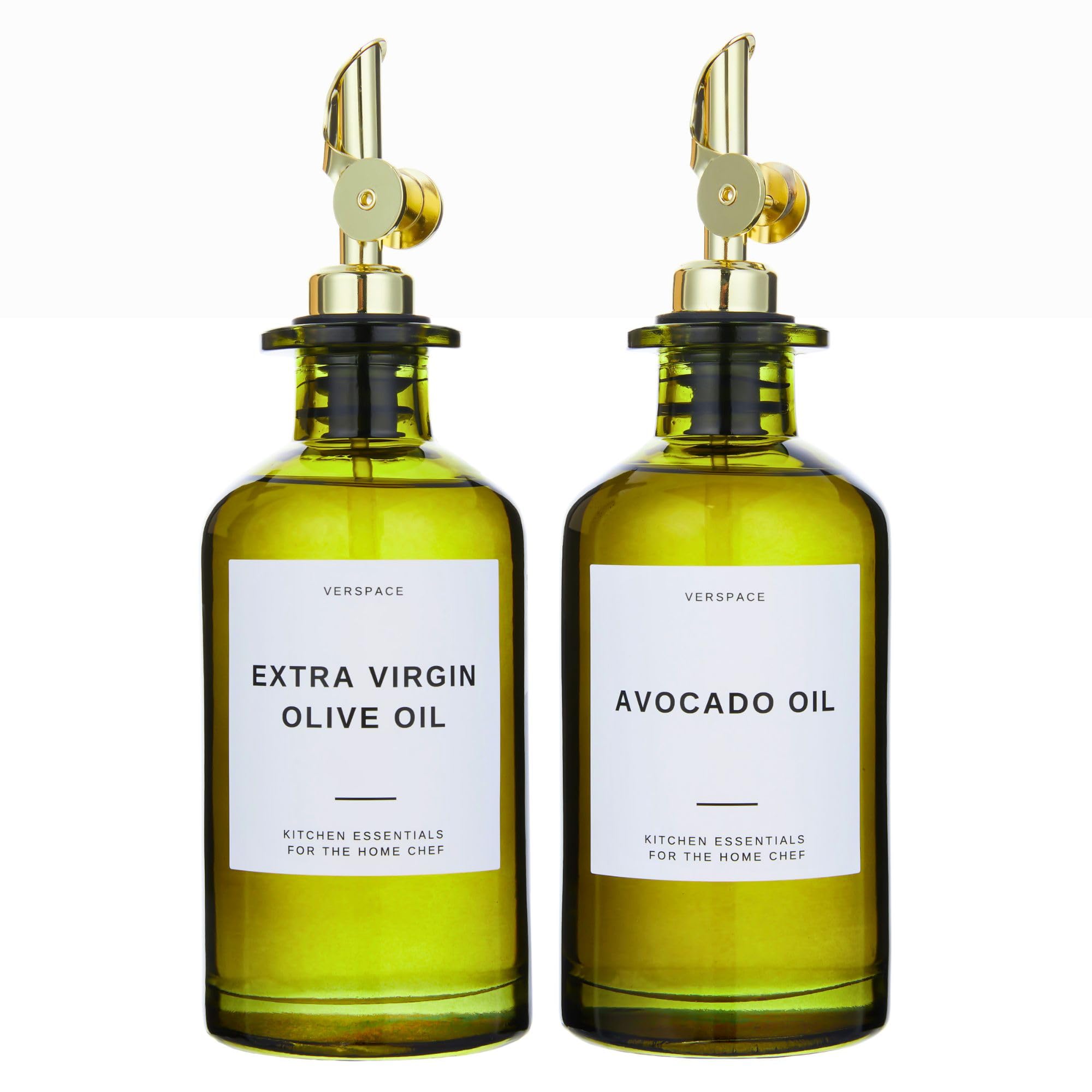 Verspace green glass olive oil dispenser 2-pack in gold for organized kitchen storage.