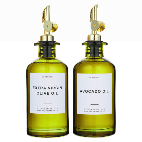 Verspace green glass olive oil dispenser 2-pack in gold for organized kitchen storage.