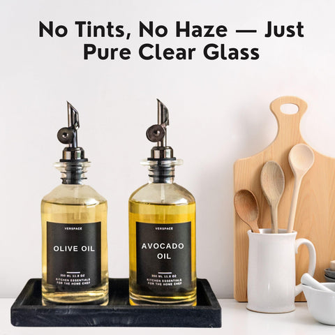 Verspace oil dispenser features leak-free pour spout to minimize spills during cooking.
