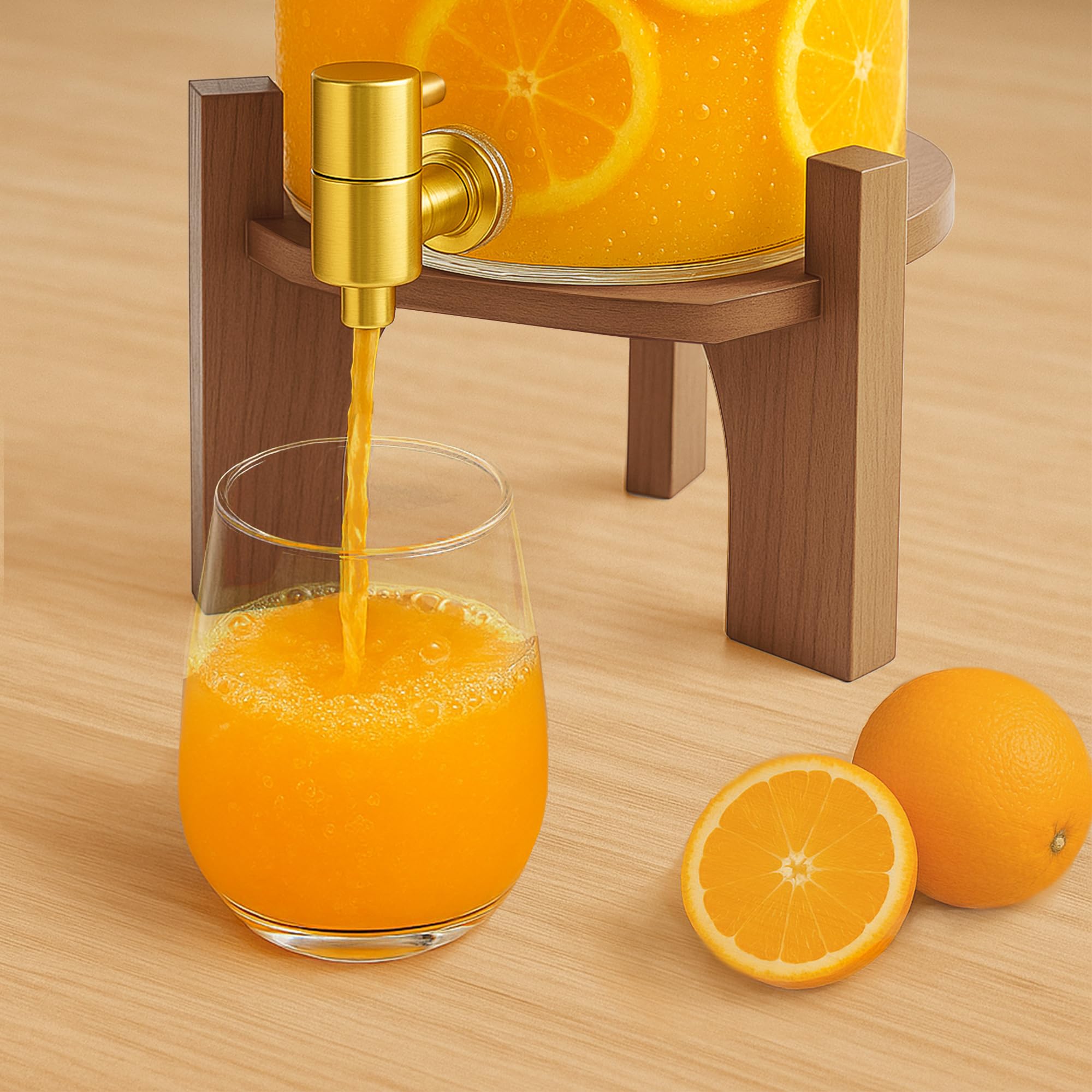 Verssure glass dispenser wooden lid keeps drinks fresh and dust-free.