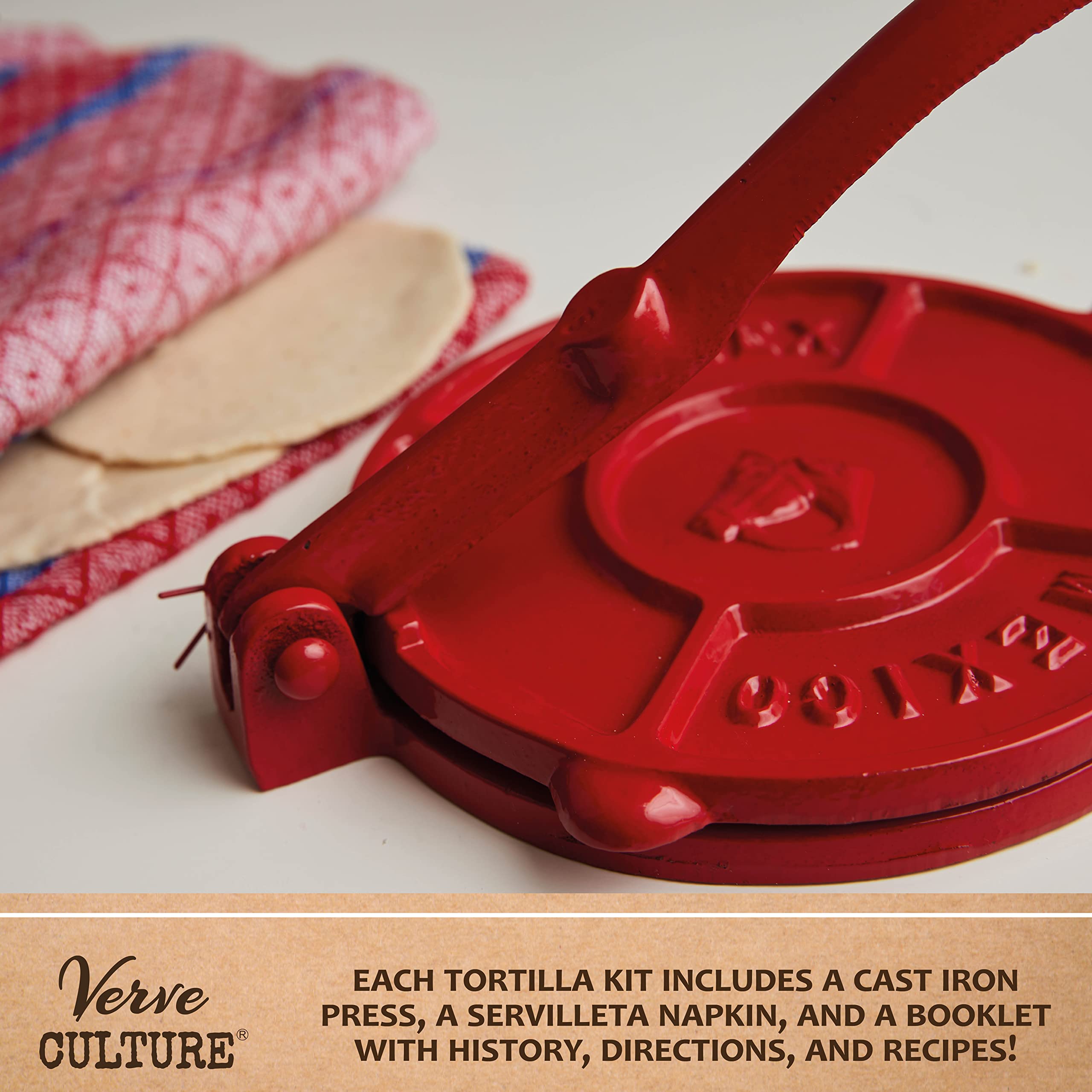 Verve CULTURE red tortilla press for quick, evenly shaped tortillas during taco nights.
