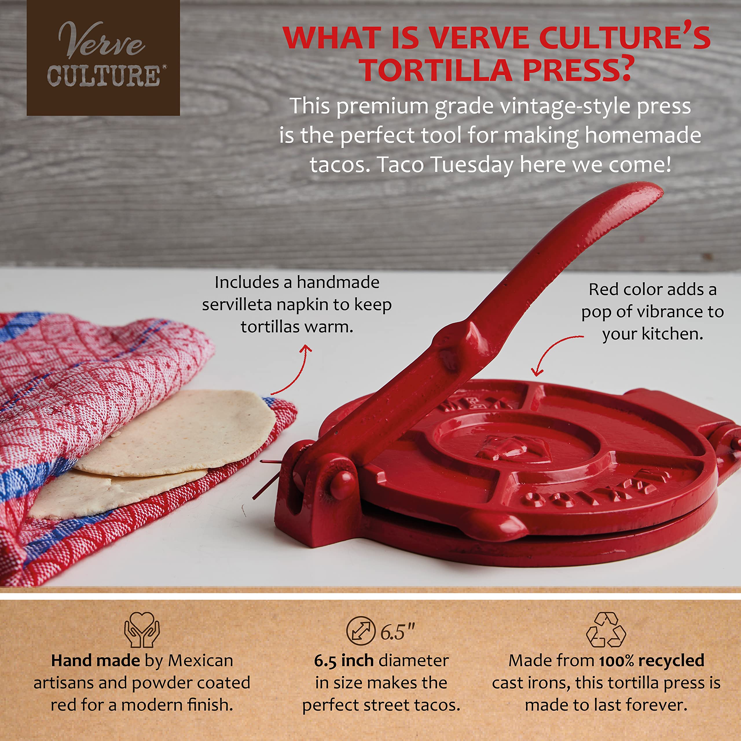 Verve CULTURE repurposed cast iron tortilla maker with durable enamel coating.