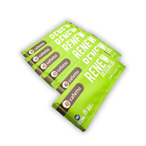 Verybarista Renew Descaler sachet close-up emphasizes safe materials with aluminium and brass