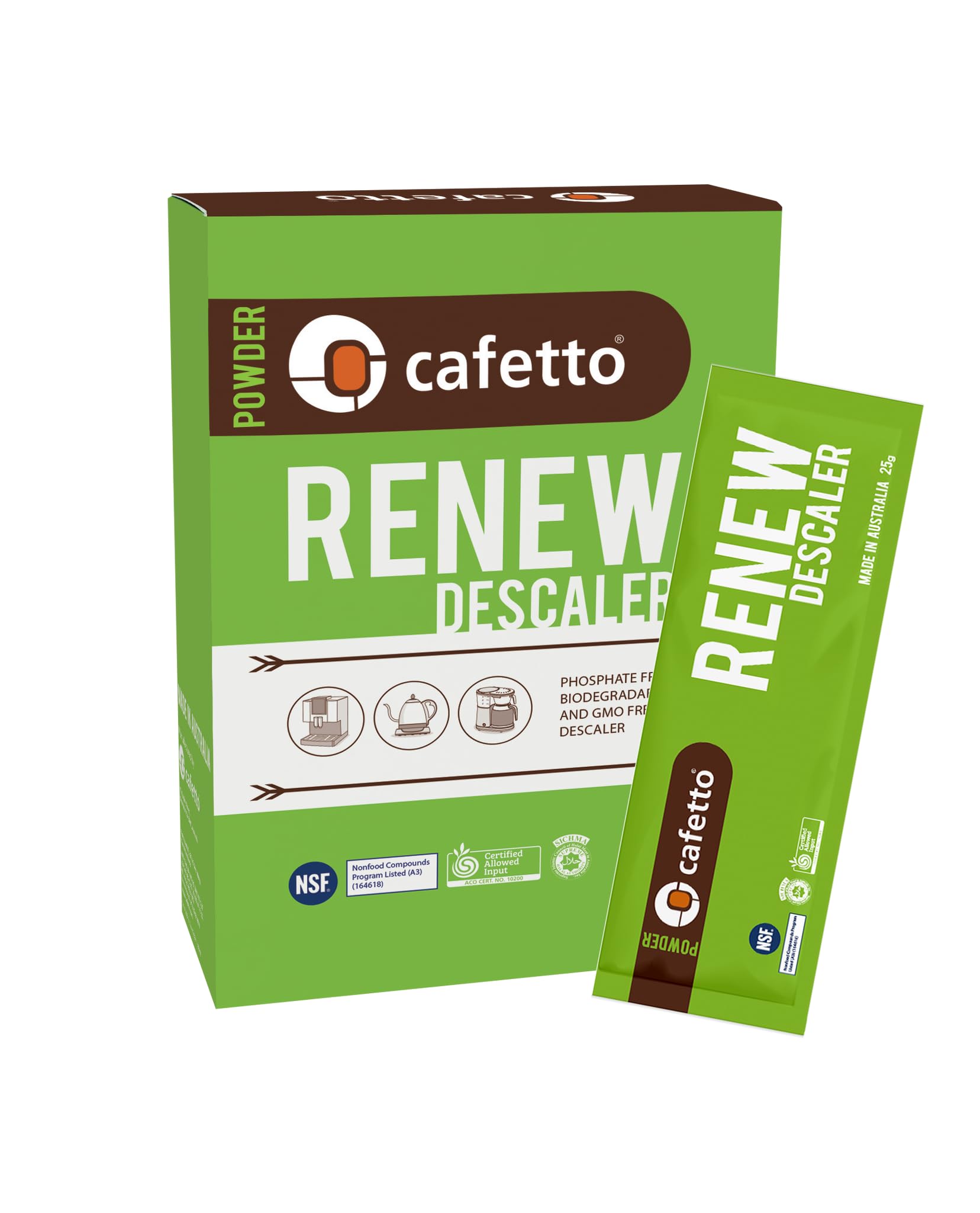 Verybarista Renew Descaler sachets close-up showing ready-to-use scale removal