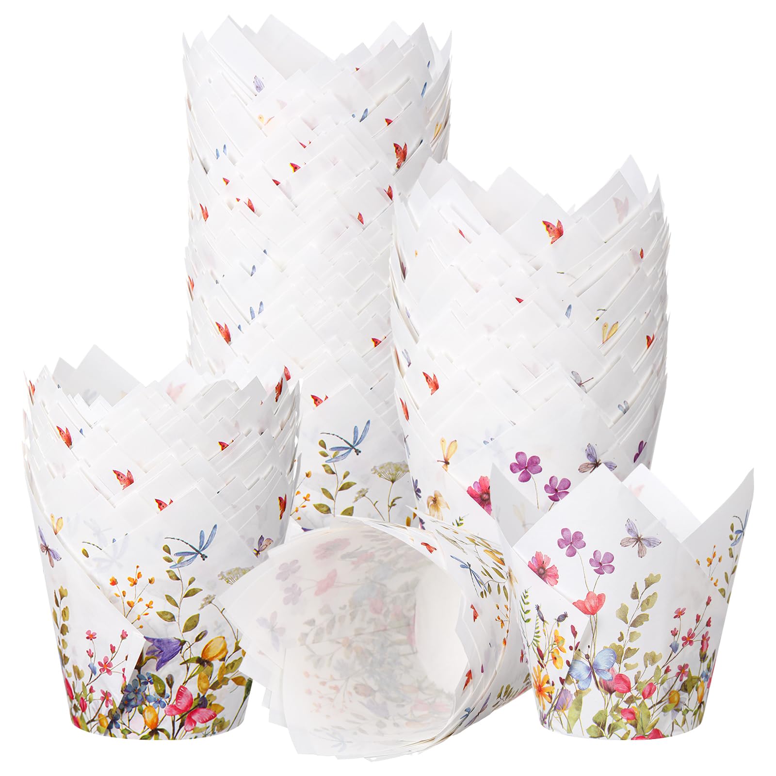 Vesici Wildflower Tulip Cupcake Liners with flowers and leaves brighten muffins for celebrations.