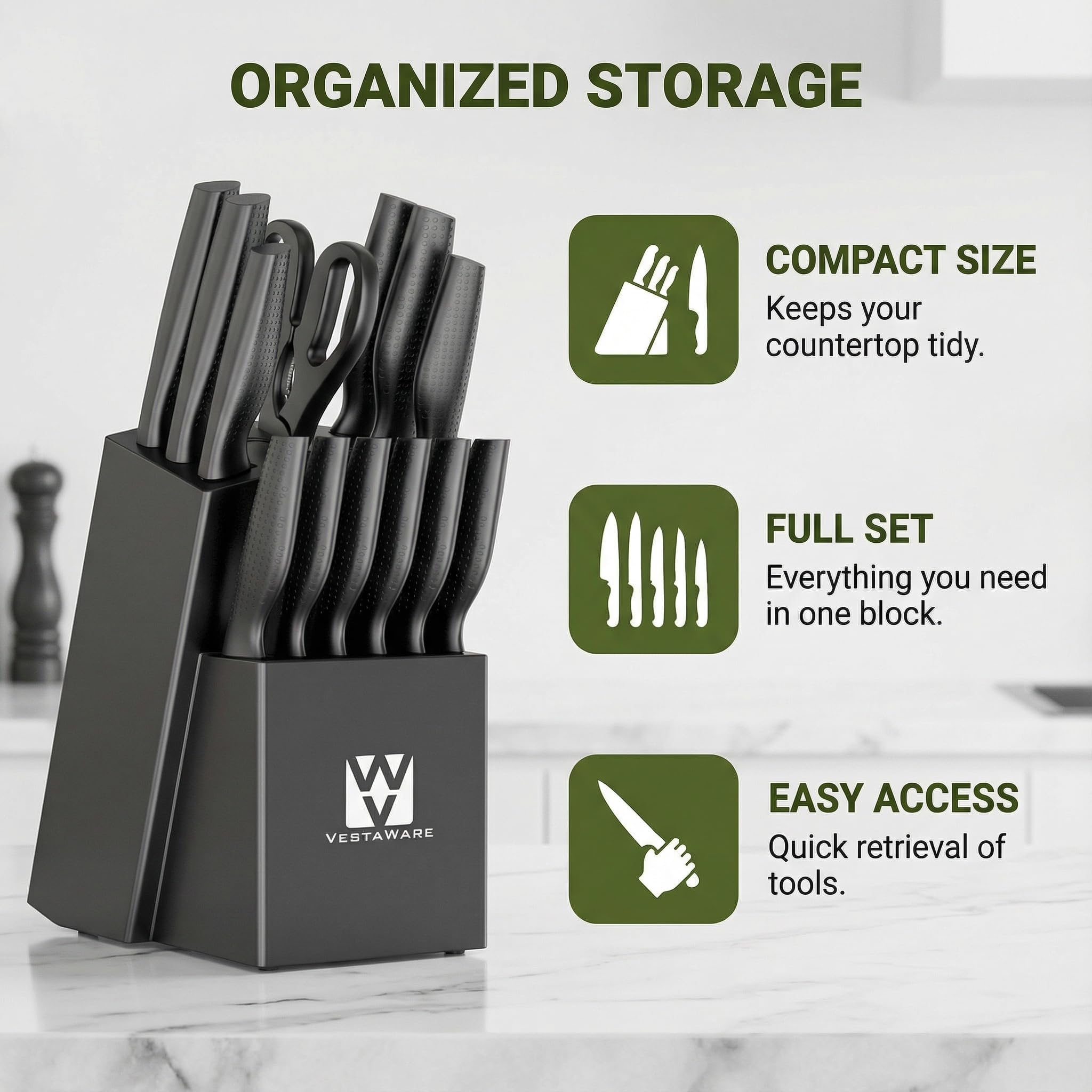 Vestaware knife block top-view keeps knives organized on the counter