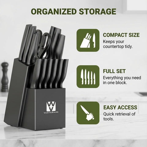 Vestaware knife block top-view keeps knives organized on the counter