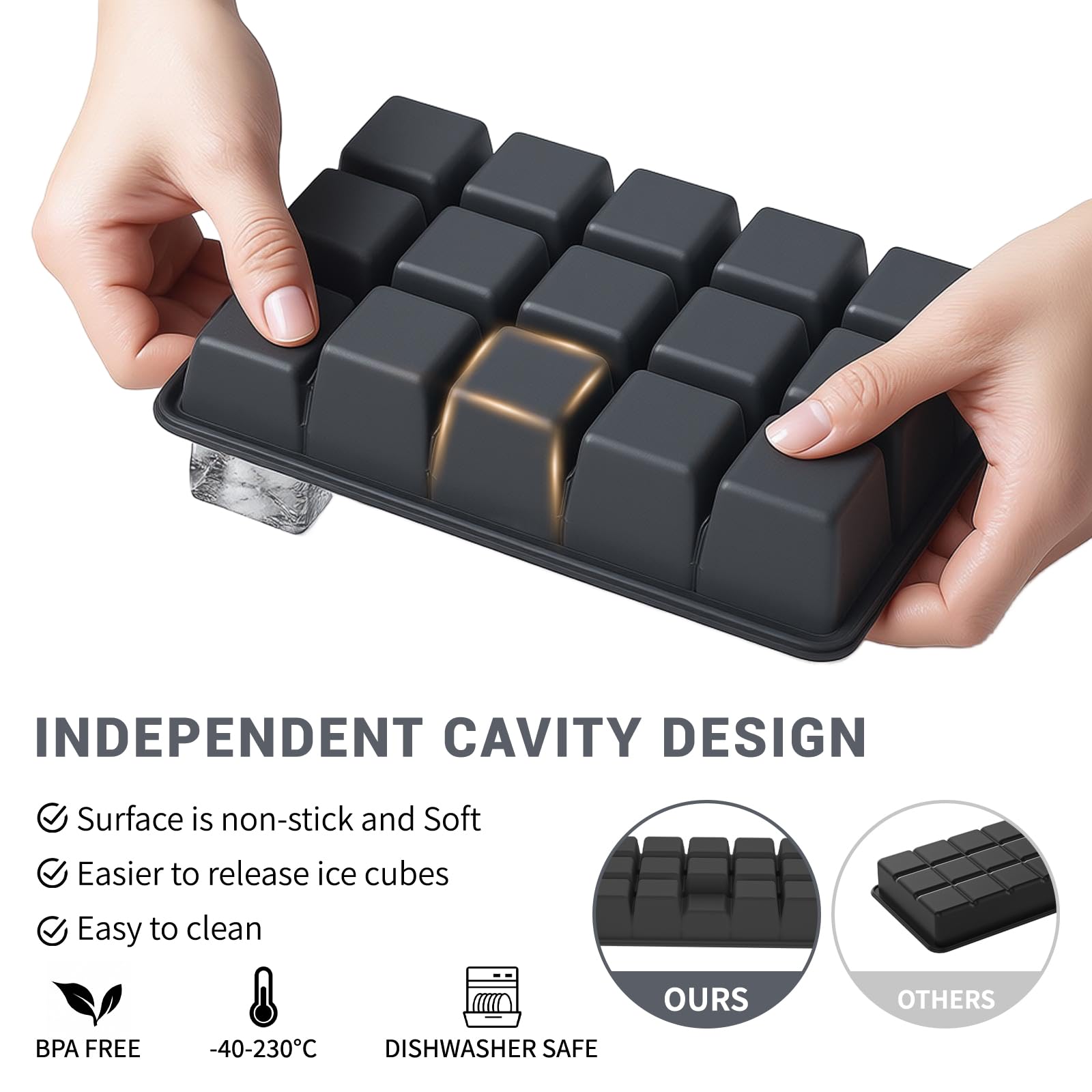 Vethwal silicone ice cube tray 3-pack grey with removable lid
