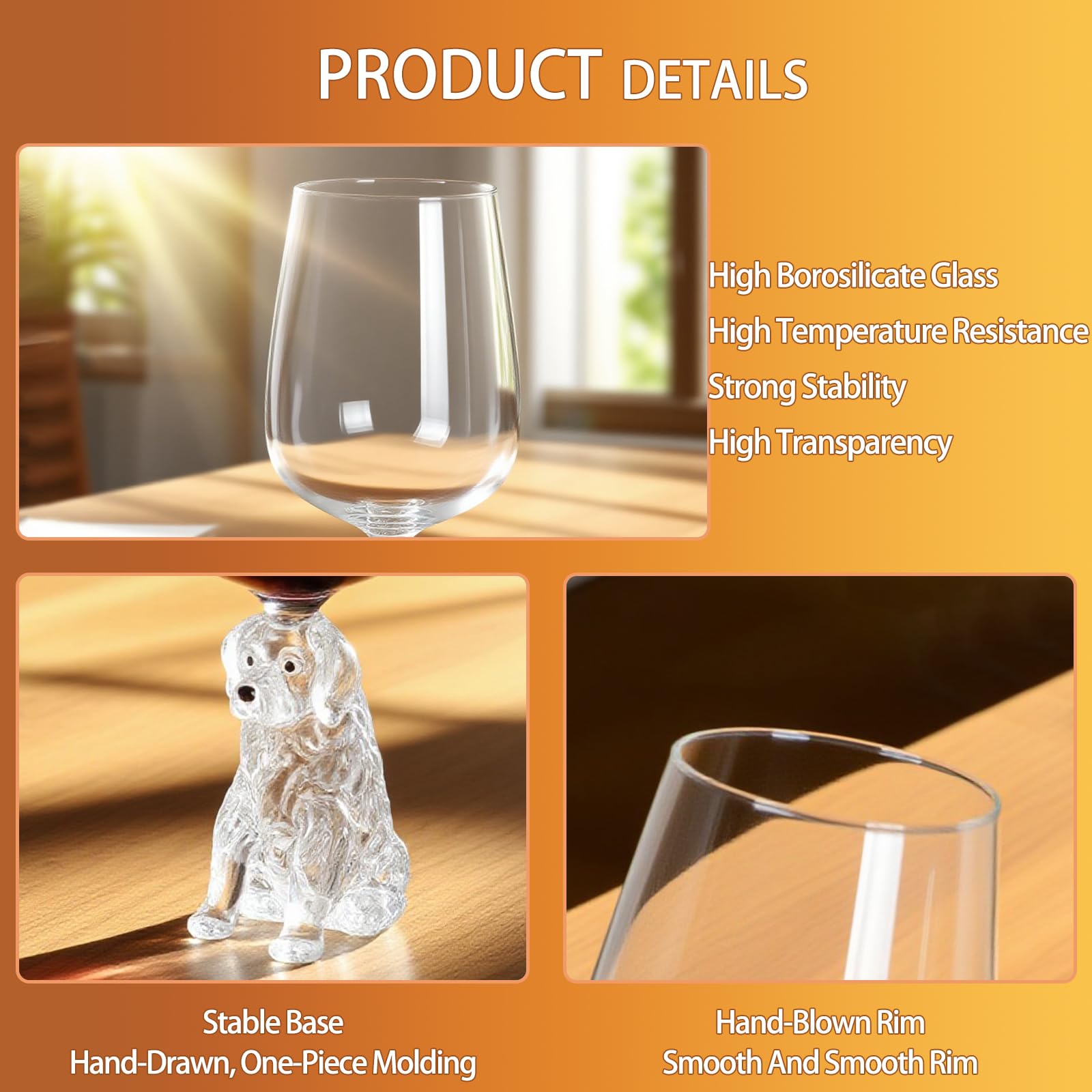 Veuverig Golden Retriever wine glass close-up handle, comfortable grip for easy sipping.