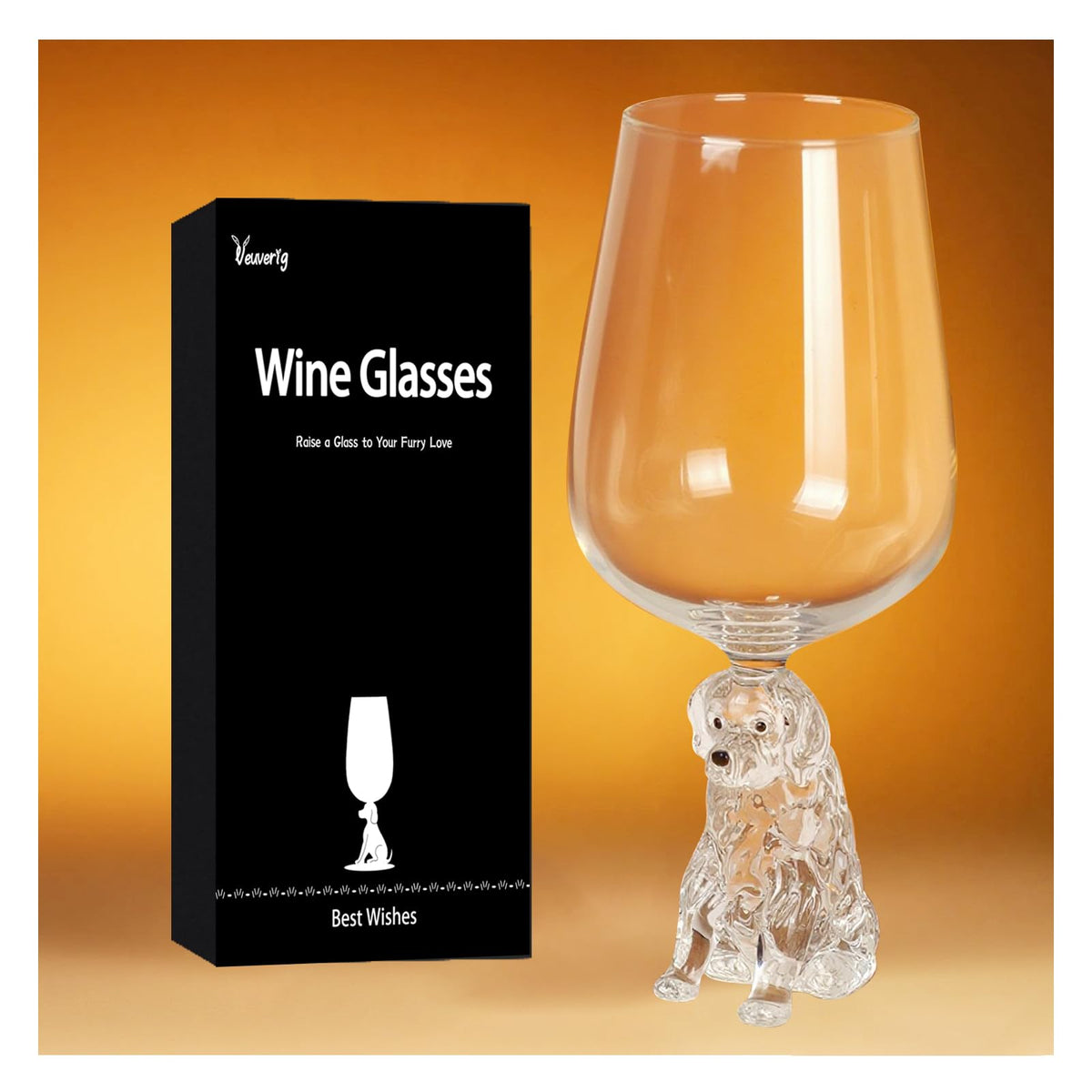 Veuverig Golden Retriever wine glass front view, clear borosilicate glass for daily enjoyment.