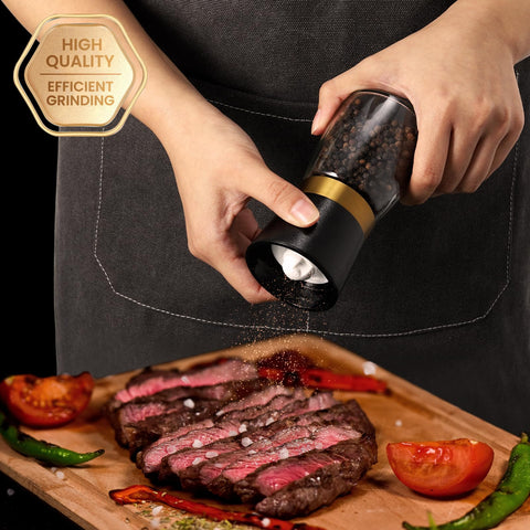 VEVOK CHEF gold salt and pepper grinder set on table for precise seasoning
