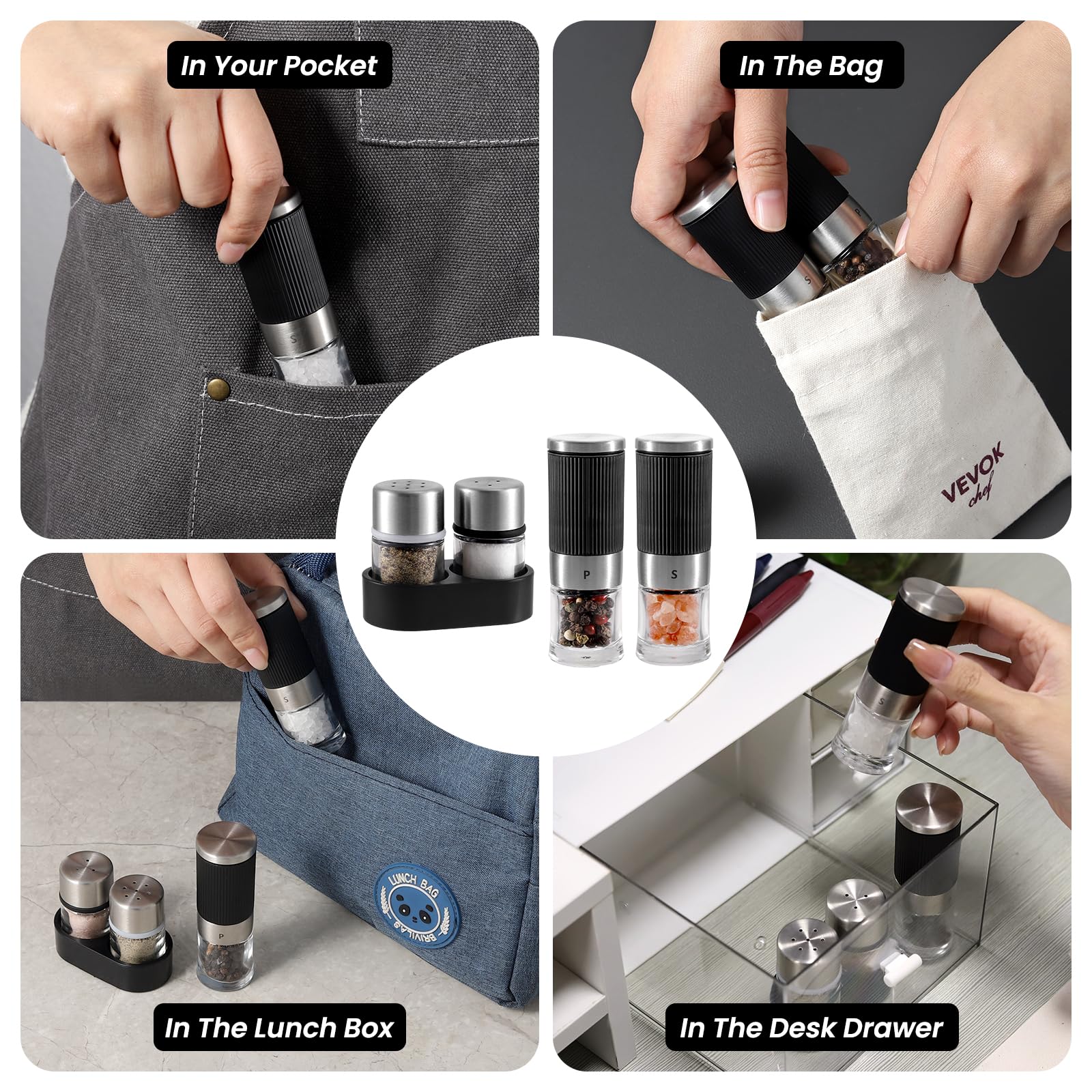 VEVOK CHEF travel set shown with two grinders and two shakers.