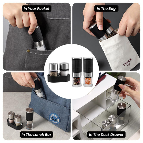 VEVOK CHEF travel set shown with two grinders and two shakers.