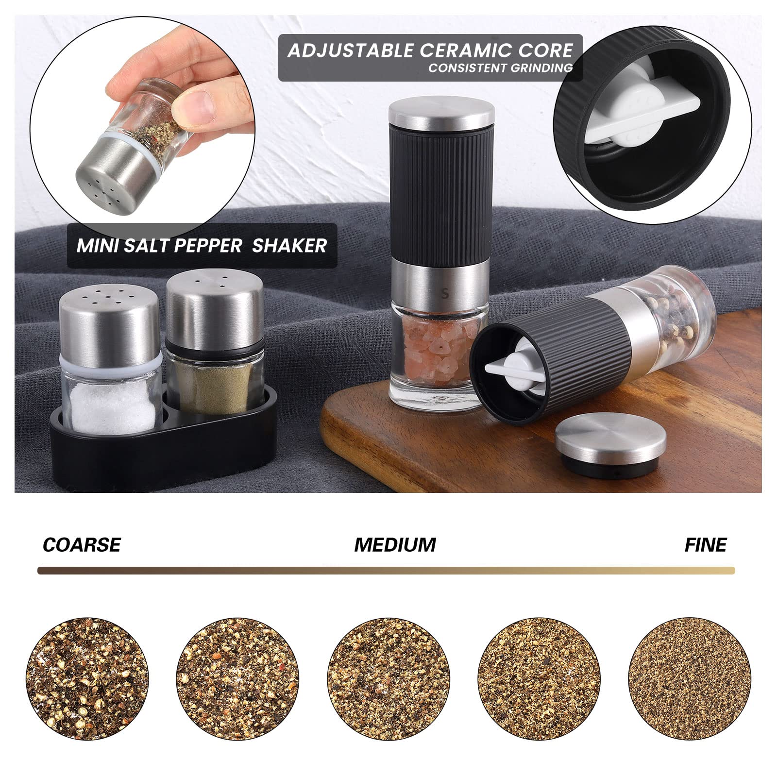 Two mini shakers beside salt and pepper particles.