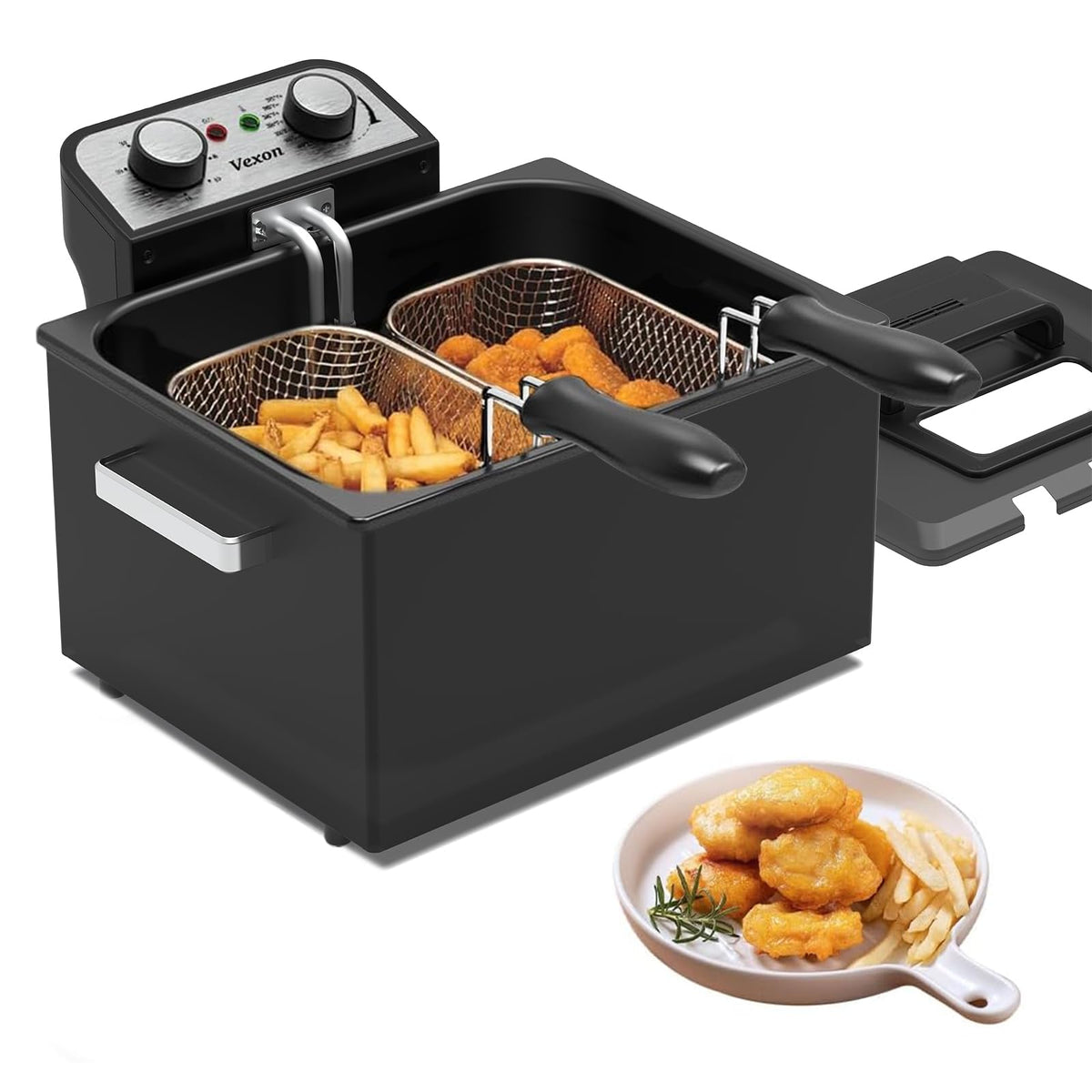 Vexon 1800W deep fryer front view, compact and durable for family meals.