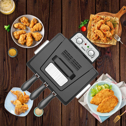 Vexon 1800W deep fryer with three baskets enables cooking multiple items.