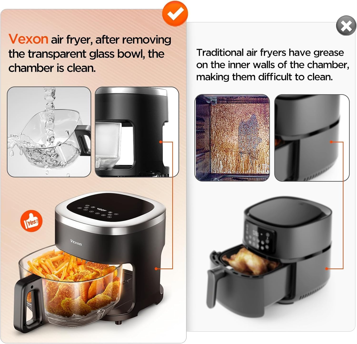 Vexon 6-in-1 glass bowl close-up showing 360-degree observation during cooking.