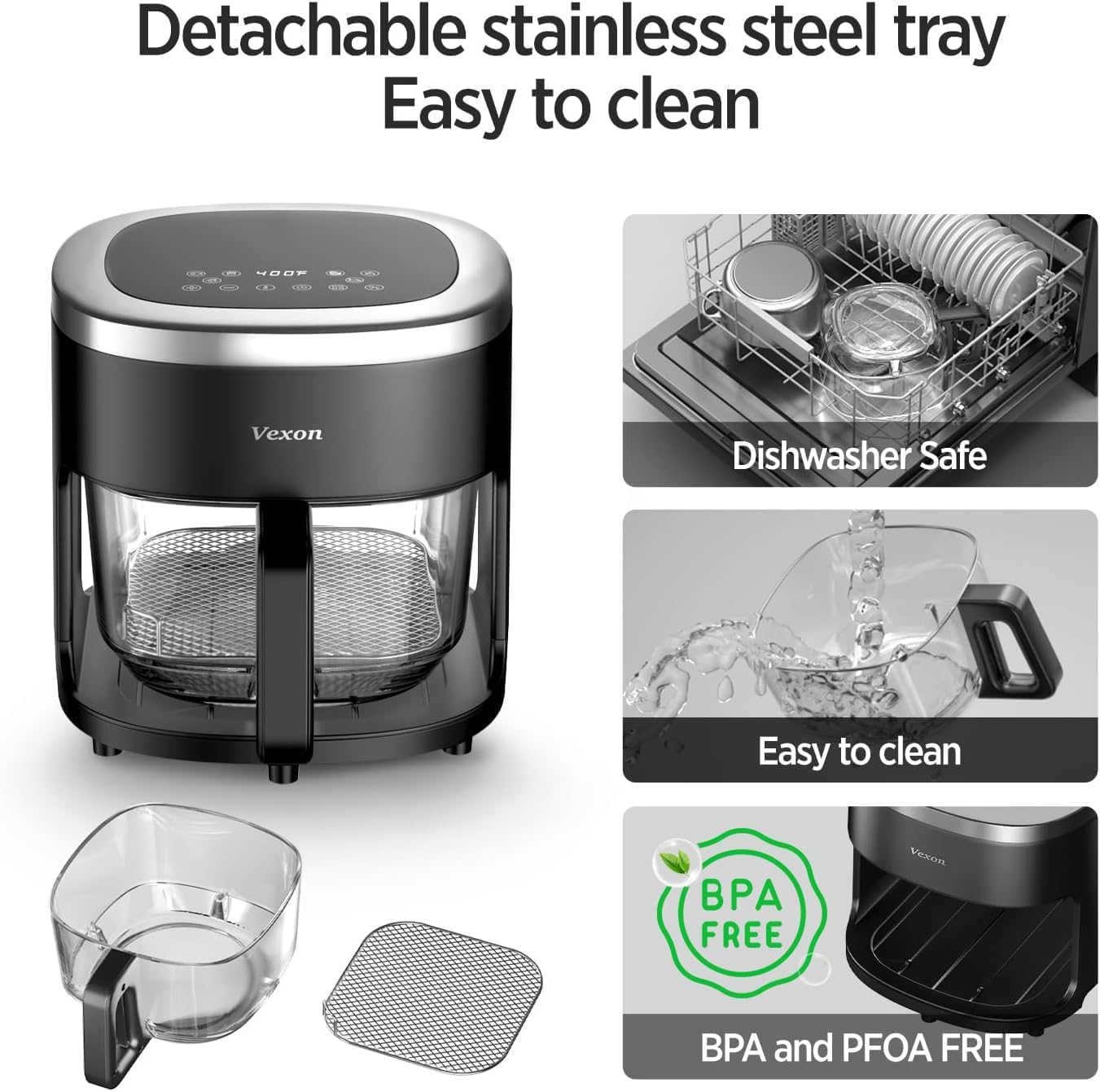 Vexon quiet air fryer on countertop demonstrating low-noise operation.
