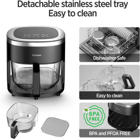 Vexon quiet air fryer on countertop demonstrating low-noise operation.
