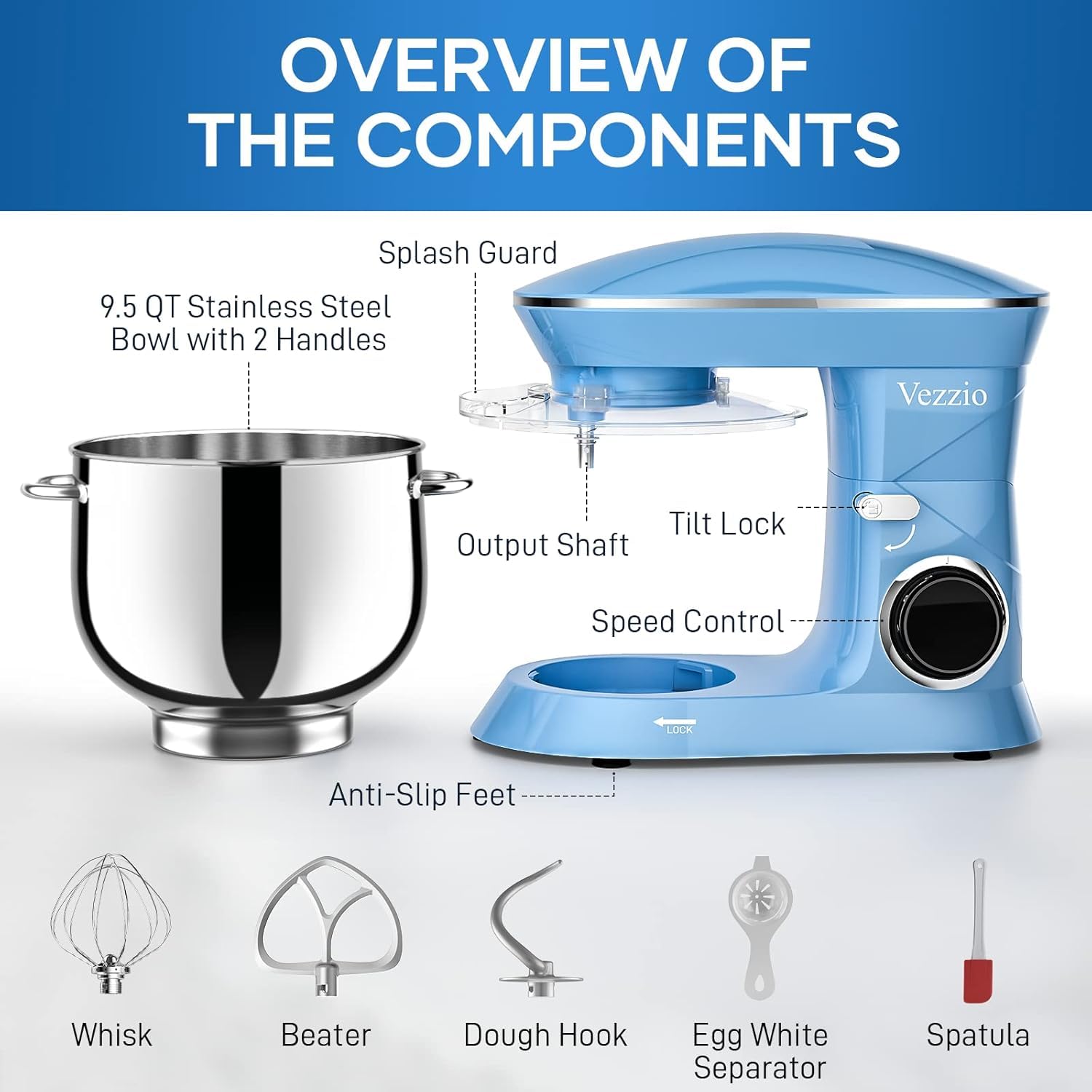 Vezzio 660W copper motor provides steady power for doughs.