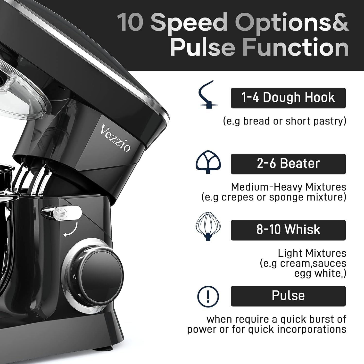 Vezzio 660W copper motor powers thorough mixing and kneading.