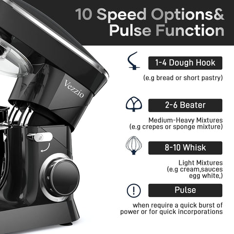 Vezzio 660W copper motor powers thorough mixing and kneading.
