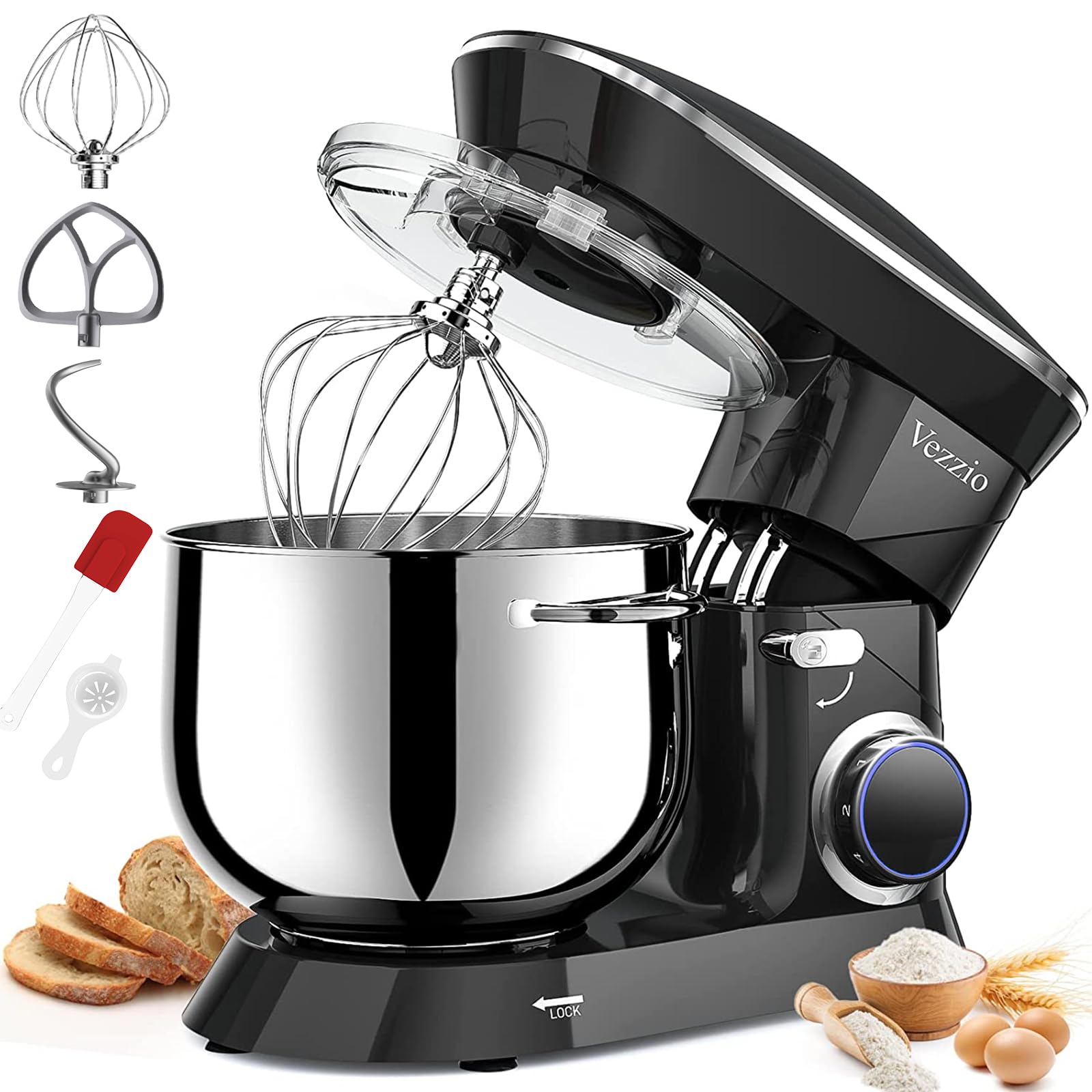 Vezzio 9.5qt stand mixer with large bowl for dough and batters.