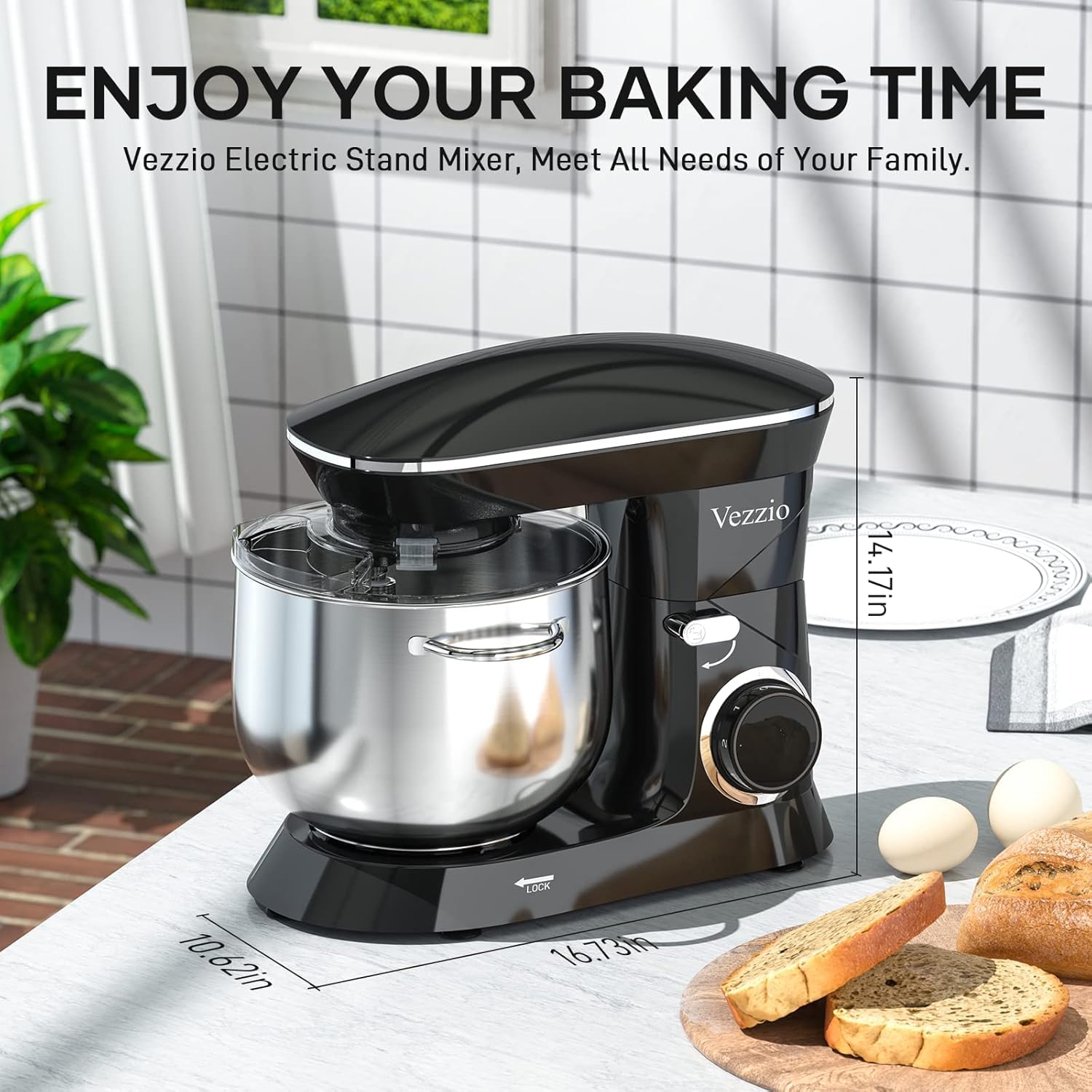 Vezzio kitchen stand mixer in use for home baking.