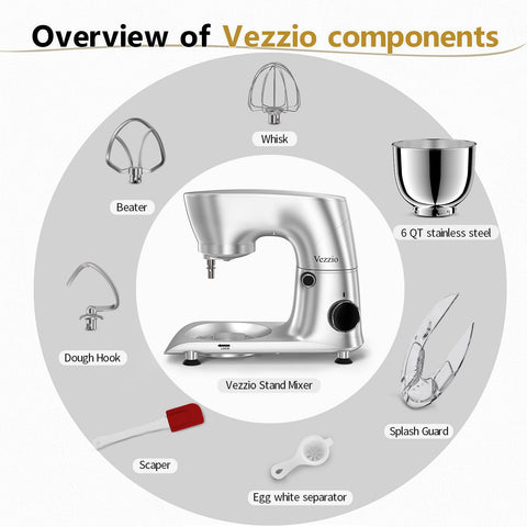 Vezzio stand mixer showing 300W motor for powerful, controlled mixing