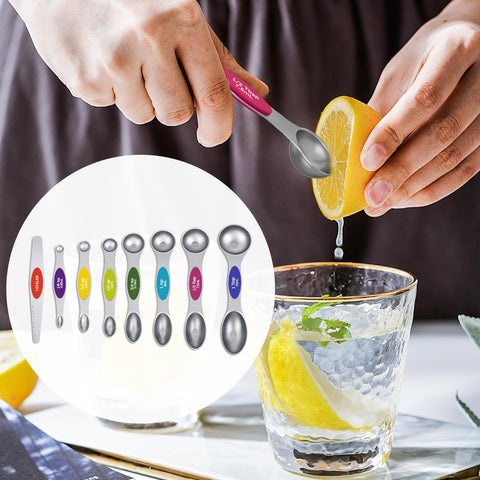 vfuni round end measures liquids, oval end fits dry ingredients.