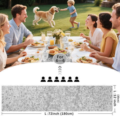 VHH sequin runner glitters under candles for stylish buffets.