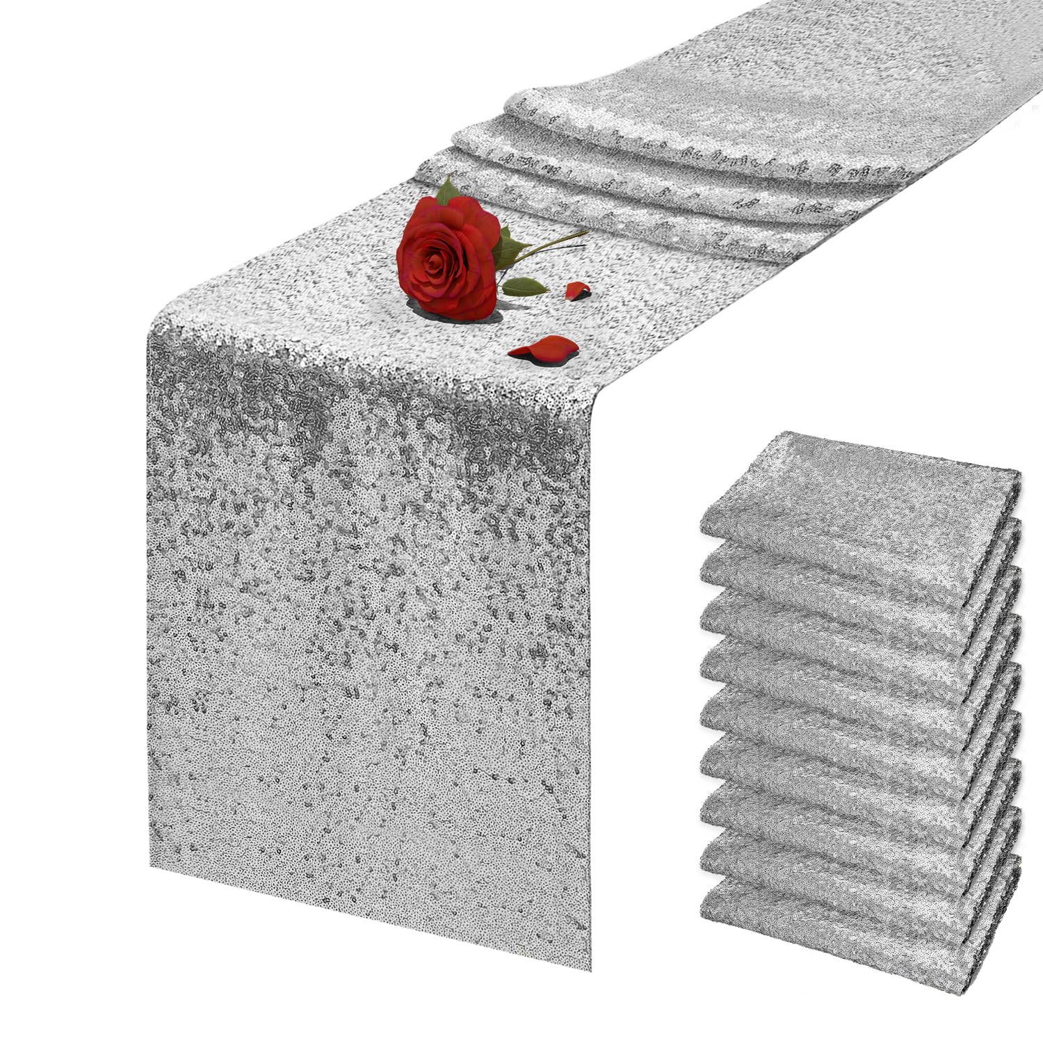 VHH silver sequin table runner on setup adds festive shimmer for gatherings.
