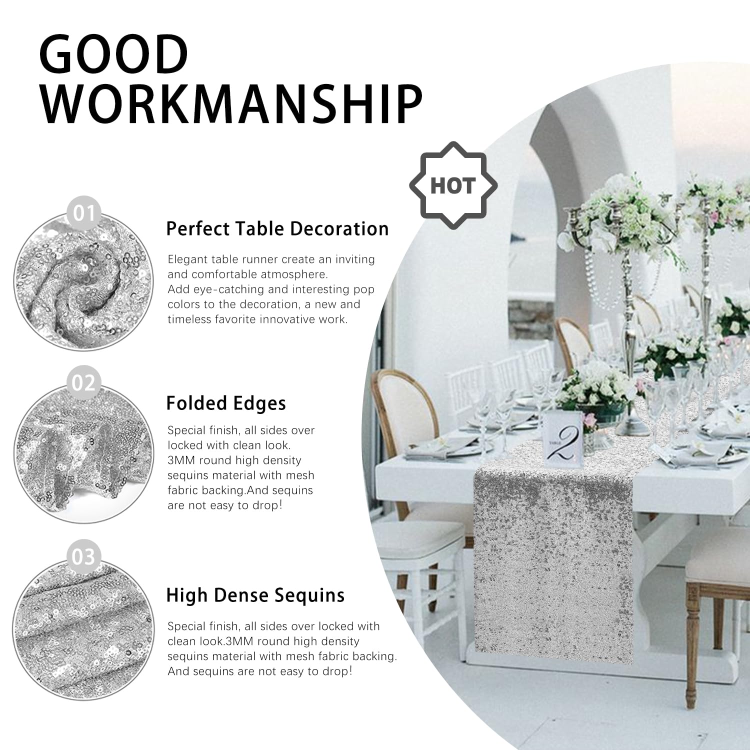 VHH wedding table spread with silver sequins creates elegant ambience.